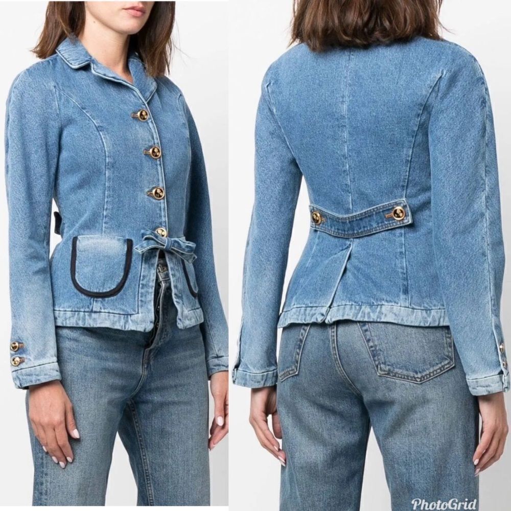 Revolve Cormio Cynthia Collared Button Down Bow Detail Denim Jean Jacket Size L — image 3 of 8